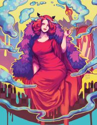 Rule 34 | 1girl, arm up, artist name, breasts, butter, charlotte galette, coat, curly hair, demon horns, dress, dripping, food, fur coat, highres, horns, index finger raised, large breasts, medium hair, mewiyev, mirror, multicolored background, one piece, parted lips, red dress, red hair, red lips, wide sleeves, yellow eyes