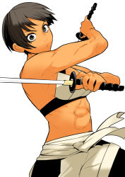 Rule 34 | 1girl, abs, black eyes, black hair, closed mouth, dual wielding, female focus, fighting stance, fujita kakuji, holding, holding sword, holding weapon, muscular, muscular female, original, serious, short hair, simple background, solo, sword, tan, weapon, white background