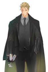 Rule 34 | 1boy, 6 (brm6), alternate costume, beowulf (fate), black necktie, black suit, black vest, blonde hair, collared shirt, cup, drinking glass, facial hair, fate/grand order, fate (series), feet out of frame, formal, goatee, highres, holding, holding cup, looking to the side, male focus, mature male, necktie, red eyes, scar, scar across eye, shirt, short hair, smile, solo, standing, suit, vest, white background, wine glass
