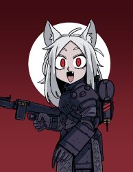 Rule 34 | 1girl, ammunition box, animal ear fluff, artist request, cerberus (helltaker), finger on trigger, from side, glowing, glowing eyes, gradient background, gun, helltaker, jaggy lines, jin-roh, jin roh, kerberos saga, looking at viewer, machine gun, mg42, name connection, parody, parted bangs, protect-gear (jin roh), red background, red eyes, solo, weapon, white hair