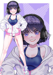 Rule 34 | 1girl, absurdres, arion canvas, bishoujo senshi sailor moon, blunt bangs, blunt ends, breasts, highres, jacket, lips, open clothes, purple eyes, purple hair, shoes, short hair, small breasts, smile, sneakers, solo, swimsuit, tomoe hotaru, white jacket