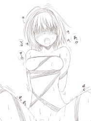 Rule 34 | 1girl, alice margatroid, arms behind back, bdsm, blindfold, bondage, bound, breasts, drooling, female focus, hairband, heart, monochrome, navel, nipples, nirap, nude, open mouth, out-of-frame censoring, short hair, solo, spread legs, touhou