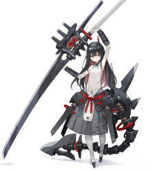 Rule 34 | 1girl, arm up, armpits, bare shoulders, black hair, breasts, closed mouth, commentary request, detached sleeves, grey pantyhose, grey skirt, hand up, headgear, highres, holding, holding weapon, long hair, long sleeves, looking at viewer, multicolored hair, original, pantyhose, pink hair, pleated skirt, poco (asahi age), red eyes, shadow, shirt, simple background, skirt, sleeveless, sleeveless shirt, small breasts, solo, tail, two-tone hair, very long hair, weapon, weapon request, white background, white shirt, white sleeves