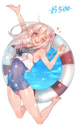 Rule 34 | 10s, 1girl, barefoot, blonde hair, blue eyes, crop top, feet, flower, hair flower, hair ornament, heart, highres, kantai collection, lifebuoy, long hair, one eye closed, ro-500 (kancolle), school swimsuit, smile, solo, swim ring, swimsuit, tan, zuizi
