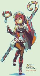 Rule 34 | 1girl, armor, blush, blush stickers, boots, candy, candy cane, choker, commentary, elbow gloves, faulds, fingerless gloves, food, gloves, irisia staff, knee boots, long hair, mag (phantasy star), maid headdress, matching hair/eyes, orange eyes, orange hair, pantyhose, phantasy star, phantasy star online 2, sailor collar, shield, smile, solo, woofycakes