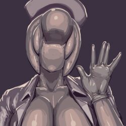 Rule 34 | 1girl, breasts, bubble head nurse, cleavage, faceless, faceless female, gloves, hat, large breasts, monster girl, no eyes, nurse (silent hill), nurse cap, salute, sashizume soutarou, shiny skin, silent hill, silent hill (series), silent hill 2, simple background, solo, upper body, white gloves
