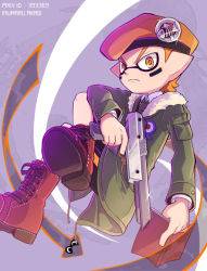 Rule 34 | 1boy, army-kun (splatoon), artist name, beret, black shorts, book, boots, closed mouth, coat, commentary request, cross-laced footwear, crossed legs, dress shirt, echolocator (splatoon), emblem, facepaint, frown, green coat, hat, holding, holding book, holding weapon, inkling, inkling boy, inkling player character, inumaru akagi, invisible chair, jacket, lace-up boots, long sleeves, male focus, n-zap (splatoon), nintendo, open clothes, open coat, orange eyes, orange hair, pixiv id, pointy ears, red footwear, shirt, shorts, sitting, solo, sparkle, splatoon (manga), splatoon (series), tentacle hair, weapon, white shirt