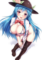 Rule 34 | 1girl, :d, bikini, bikini under clothes, blue hair, blush, boots, breasts, cloud, ebi 193, covered erect nipples, food, fruit, hat, hinanawi tenshi, large breasts, leaf, long hair, looking at viewer, open mouth, peach, red eyes, short sleeves, simple background, smile, solo, swimsuit, thighhighs, touhou, white background