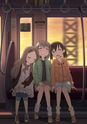Rule 34 | 10s, 3girls, absurdres, aoba kokona, blush, brown hair, closed eyes, frown, full body, girl sandwich, hair ornament, hairclip, head on another&#039;s shoulder, head tilt, highres, hinata (yama no susume), hood, hoodie, jacket, kokona (yama no susume), kuraue hinata, leaning on person, leaning to the side, long hair, long sleeves, motion blur, multiple girls, open mouth, sandwiched, shadow, shimada kazuaki, shoes, short hair, shorts, side-by-side, sitting, skirt, sleeping, sleeping on person, train, train interior, twintails, yama no susume, yukimura aoi