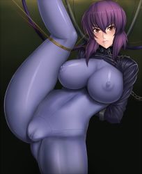 Rule 34 | 1girl, 5ht, arms behind back, bdsm, blush, bodysuit, bondage, bound, bound arms, breasts, cable, cameltoe, chain, cleavage, closed mouth, collar, covered erect nipples, ghost in the shell, ghost in the shell stand alone complex, gradient background, highres, impossible bodysuit, impossible clothes, jacket, kusanagi motoko, large breasts, leg up, lips, looking at viewer, purple hair, red eyes, shiny clothes, short hair, skin tight, solo