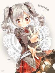 Rule 34 | 10s, 1girl, absurdres, black thighhighs, blush, drill hair, garter straps, gothic lolita, highres, idolmaster, idolmaster cinderella girls, kanzaki ranko, lolita fashion, long hair, outstretched arm, outstretched hand, red eyes, silver hair, sketch, solo, thighhighs, twin drills, twintails, zuho (vega)