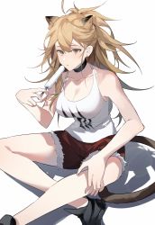 Rule 34 | 1girl, absurdres, animal ears, arknights, azure silan, bare arms, bare legs, bare shoulders, black choker, black footwear, blonde hair, breasts, choker, cleavage, collarbone, commentary request, cutoffs, food, grey eyes, hand up, highres, holding, holding food, large breasts, lion ears, lion tail, long hair, looking at viewer, popsicle, red shorts, shoes, short shorts, shorts, siege (arknights), simple background, sitting, solo, tail, tank top, thighs, white background, white tank top