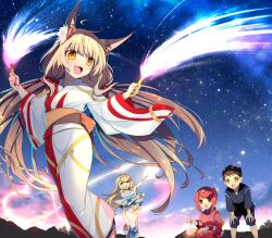 alternate_costume highres japanese_clothes kimono mythra_(xenoblade) nia_(xenoblade) obi pyra_(xenoblade) red_kimono rex_(xenoblade) sash watsuki_ayamo white_kimono xenoblade_chronicles_(series) xenoblade_chronicles_2 yukata