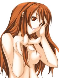 Rule 34 | 00s, 1girl, asahina mikuru, breasts, completely nude, female focus, long hair, medium breasts, nipples, nude, pointing, pointing at viewer, ribi, simple background, solo, suzumiya haruhi no yuuutsu, topless frame, upper body, white background