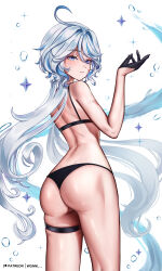 Rule 34 | 1girl, ahoge, ass, bare arms, bare shoulders, black bra, black gloves, black panties, blue eyes, blue hair, bra, commentary, cowboy shot, dress, furina (genshin impact), genshin impact, gloves, hand up, highres, long hair, looking at viewer, panties, solo, standing, thigh strap, thighs, underwear, underwear only, very long hair, white background, wonnikon