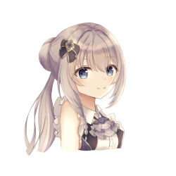 Rule 34 | 1girl, arm at side, black bow, blue eyes, blue flower, blue rose, blue vest, blush, bow, braid, closed mouth, collared shirt, cropped torso, dot nose, eyes visible through hair, flower, frilled sleeves, frills, grey hair, grey ascot, hair bow, hair bun, highres, lapels, long hair, looking at viewer, magia record: mahou shoujo madoka magica gaiden, magical girl, mahou shoujo madoka magica, ponytail, portrait, rose, shirousa (blanche lapine3), shirt, short sleeves, side braid, sidelocks, simple background, single hair bun, smile, solo, split mouth, very long hair, vest, white background, white shirt, yakumo mitama