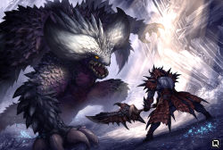 Rule 34 | 1boy, armor, battle, claws, crystal, fangs, fighting stance, glowing, glowing eyes, greatsword, horns, kuroi-tsuki, light particles, light rays, monster, monster hunter (series), monster hunter: world, nergigante, open mouth, rathalos (armor), scales, slit pupils, spiked armor, spikes, sunlight, sword, weapon, yellow eyes