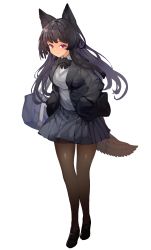 Rule 34 | 1girl, absurdres, alternate costume, animal ears, bag, black bow, black bowtie, black footwear, black hair, blouse, bow, bowtie, breasts, brown pantyhose, closed mouth, collar, collared jacket, collared shirt, grey jacket, grey skirt, highres, imaizumi kagerou, jacket, long hair, long sleeves, looking at viewer, medium breasts, onion (onion and pi-natto), open clothes, open jacket, pantyhose, red eyes, shirt, shoes, simple background, skirt, smile, solo, standing, tail, touhou, white background, white shirt, wolf ears, wolf tail