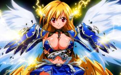 Rule 34 | 1girl, angel wings, arm guards, armor, arms under breasts, astraea (sora no otoshimono), blonde hair, breasts, broken, broken chain, chain, cleavage, collar, crossed arms, electricity, large breasts, lightning, long hair, official art, panties, red eyes, skirt, smile, solo, sora no otoshimono, tagme, underwear, wings