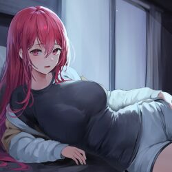 Rule 34 | 1girl, :d, absurdres, black shirt, blush, breasts, curtains, hair between eyes, hand on own thigh, highres, indoors, jacket, large breasts, lillly, long hair, long sleeves, looking at viewer, lying, off shoulder, on side, open clothes, open jacket, open mouth, original, red eyes, red hair, shirt, short shorts, shorts, sidelocks, smile, solo, white jacket, white shorts, window