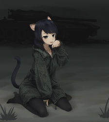 Rule 34 | 1girl, animal ears, black hair, camouflage, cat ears, cat girl, cat tail, highres, looking at viewer, medium hair, military, military vehicle, motor vehicle, no shoes, original, pantyhose, paw pose, sitting, solo, tail, tank, tanto (tc1995), tongue, tongue out, wariza
