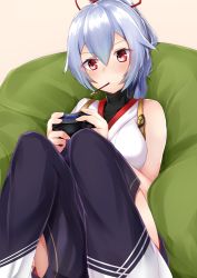 Rule 34 | 1girl, absurdres, bare shoulders, blush, breasts, closed mouth, commentary request, controller, dualshock, fate/grand order, fate (series), food, game controller, gamepad, hair between eyes, hair ribbon, highres, japanese clothes, knees up, long hair, looking at viewer, medium breasts, mouth hold, nanakaku, pillow, playstation controller, pocky, ponytail, red eyes, red ribbon, ribbon, sidelocks, silver hair, sitting, sleeveless, solo, tomoe gozen (fate), tsurime