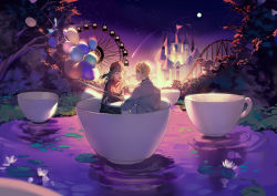 Rule 34 | 1boy, 1girl, balloon, blonde hair, blue eyes, brown hair, castle, chinese commentary, closed mouth, collared shirt, commentary request, crossed arms, cup, disneyland, closed eyes, ferris wheel, flag, grass, lily pad, long hair, long sleeves, love and producer, moon, night, night sky, open mouth, original, pond, red headwear, red sweater, ripples, shirt, short hair, sitting, sky, smile, star (sky), starry sky, sweater, teacup, tefco, tree, turtleneck, turtleneck sweater, white shirt