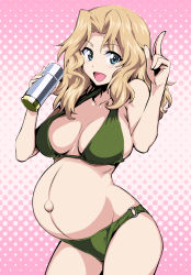 Rule 34 | 10s, 1girl, :d, bikini, blonde hair, blue eyes, blush, breasts, girls und panzer, green bikini, highres, index finger raised, kay (girls und panzer), large breasts, looking at viewer, nakahira guy, navel, o-ring, o-ring bikini, open mouth, pink background, polka dot, polka dot background, pregnant, short hair, smile, solo, swimsuit, third-party edit