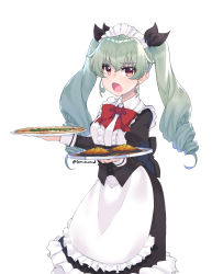 Rule 34 | 1girl, alternate costume, anchovy (girls und panzer), apron, black dress, black ribbon, bow, bowtie, collared dress, commentary, dress, drill hair, enmaided, food, frilled dress, frills, frown, girls und panzer, green hair, hair ribbon, highres, holding, holding tray, juliet sleeves, kimi tsuru, long hair, long sleeves, looking at viewer, maid, maid apron, maid headdress, medium dress, open mouth, pizza, puffy sleeves, red eyes, red neckwear, ribbon, simple background, standing, tray, twin drills, twintails, twitter username, waitress, white apron, white background
