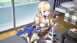 Rule 34 | 1girl, aqua eyes, armor, bed, blonde hair, blue eyes, blush, book, braid, breasts, carpet, cleavage, clenched teeth, controller, detached collar, door, feet, female focus, floor, french braid, game cg, hand up, holding, indoors, injury, kukkorodays, large breasts, legs, looking at viewer, midriff, navel, original, pillow, qureate, remote control, sitting, skirt, solo, sword, teeth, thighhighs, thighs, torn clothes, torn thighhighs, weapon, wooden floor