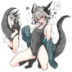 Rule 34 | 1boy, ?, ahoge, animal feet, aqua jacket, ass, ass cutout, blush, bulge, claws, clothing cutout, covered erect nipples, covered penis, curled horns, dragon horns, dragon tail, fate/apocrypha, fate (series), from behind, grey hair, grey tail, hair intakes, haoro, heart, heavy breathing, highres, horns, jacket, large tail, male focus, one-piece swimsuit, open mouth, red eyes, removing jacket, short hair, sieg (fate), simple background, solo, spoken question mark, sweat, swimsuit, tail, tail through clothes, thought bubble, tongue, tongue out, white background