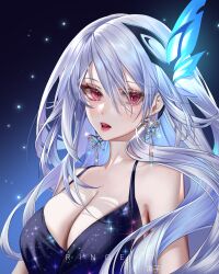 Rule 34 | 1girl, absurdres, alternate costume, artist name, bare shoulders, breasts, butterfly hair ornament, cleavage, dress, earrings, genshin impact, grey hair, hair between eyes, hair ornament, highres, jewelry, large breasts, long hair, looking at viewer, open mouth, red eyes, ringeko-chan, shiny clothes, skirk (genshin impact), solo, teeth, upper body, upper teeth only