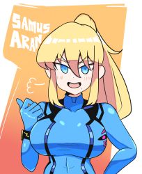 Rule 34 | 1girl, blonde hair, blue bodysuit, blue eyes, blush, bodysuit, breasts, character name, covered collarbone, hair between eyes, large breasts, long hair, looking at viewer, metroid, mole, mole under mouth, nintendo, notnoe (dxcl), open mouth, ponytail, samus aran, sidelocks, smile, solo, upper body, zero suit