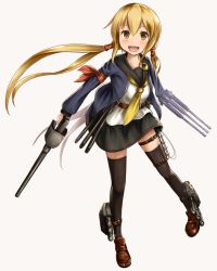 Rule 34 | 10s, 1girl, :d, armband, belt, black skirt, black thighhighs, blonde hair, blue jacket, blush, brown footwear, commentary request, crescent, crescent pin, dual wielding, full body, gamyuu (gamyu), hair between eyes, holding, jacket, kantai collection, legs apart, loafers, long hair, long sleeves, looking at viewer, low twintails, necktie, open mouth, satsuki (kancolle), satsuki kai ni (kancolle), school uniform, serafuku, shoes, simple background, skirt, smile, solo, standing, teeth, thighhighs, twintails, yellow eyes, yellow necktie, zettai ryouiki