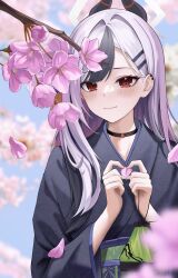 Rule 34 | 1girl, absurdres, bag, belt, black choker, black kimono, blue archive, blue sky, blurry, blurry background, blurry foreground, blush, branch, cherry blossoms, choker, closed mouth, day, flower, green bag, green sash, grey hair, hair ornament, hairclip, halo, hands up, highres, holding, holding bag, horns, japanese clothes, kayoko (blue archive), kayoko (new year) (blue archive), kimono, long sleeves, looking at viewer, multicolored hair, outdoors, petals, pink flower, purple belt, red eyes, rkin, sash, sky, solo, standing, tree, two-tone hair, white hair, wide sleeves