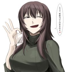 Rule 34 | 1girl, ;d, bag, brown eyes, brown hair, heart, hetza (hellshock), long hair, one eye closed, open mouth, ribbed sweater, simple background, smile, solo, sweater, turtleneck, white background, wink