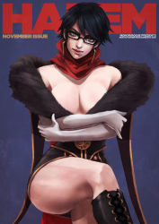 Rule 34 | 1girl, absurdres, alternate hair length, alternate hairstyle, bayonetta, bayonetta, bayonetta (series), bayonetta 2, black-framed eyewear, black footwear, black hair, blue background, blue eyes, boots, breasts, cleavage, commentary, corset, cover, cross-laced footwear, crossed arms, earrings, elbow gloves, english text, eyelashes, fake magazine cover, fashion, feather boa, glasses, gloves, head tilt, highres, jewelry, knee boots, lace-up boots, large breasts, crossed legs, lips, looking at viewer, magazine cover, miniskirt, mole, mole under mouth, monori rogue, no bra, off shoulder, red scarf, scarf, short hair, sitting, skirt, solo, thick eyebrows, thighs, triangle earrings, white gloves