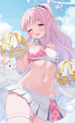 Rule 34 | 1girl, angel wings, bare shoulders, blue archive, blue sky, blush, breasts, cheerleader, cleavage, cloud, cloudy sky, cowboy shot, crescent, crescent pin, crescent print, crop top, feathered wings, halo, halterneck, highres, holding, holding pom poms, kurumi lm, large breasts, long hair, looking at viewer, low wings, mika (blue archive), millennium cheerleader outfit (blue archive), multicolored clothes, multicolored skirt, navel, one eye closed, open mouth, paid reward available, pink hair, pink halo, pink skirt, pom pom (cheerleading), pom poms, ponytail, skirt, sky, smile, solo, stomach, thigh strap, thighs, white skirt, white wings, wing ornament, wings, yellow eyes