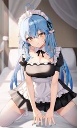 Rule 34 | 1girl, ahoge, alternate costume, apron, black dress, black ribbon, blue hair, blue nails, blurry, blurry background, breasts, collar, colored tips, detached collar, dress, enmaided, frilled apron, frilled dress, frills, full body, hair between eyes, half updo, heart, heart ahoge, highres, hololive, indoors, kneeling, large breasts, long hair, looking at viewer, maid, maid apron, maid headdress, multicolored hair, neck ribbon, no shoes, on bed, parted lips, pointy ears, ribbon, short dress, short sleeves, solo, spread legs, streaked hair, thighhighs, thomas 8000, v arms, virtual youtuber, white collar, white thighhighs, yellow eyes, yukihana lamy