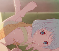 Rule 34 | 10s, 1girl, aqua eyes, ass, bare shoulders, barefoot, blouse, blush, couch, drawing, eromanga sensei, feet, indoors, izumi sagiri, lying, on couch, on stomach, shirt, short hair, shorts, silver hair, smile, solo, summer, sweat, aged down, yrsknish