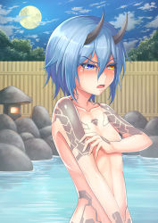 Rule 34 | 1girl, absurdres, blue hair, blurry, blush, cloud, cloudy sky, commentary request, covering privates, covering breasts, depth of field, flat chest, full moon, heterochromia, highres, horns, io (pso2), moon, night, night sky, nude, oni horns, onsen, open mouth, outdoors, phantasy star, phantasy star online 2, short hair, sky, solo, sweat, tattoo, wet, yuki7128