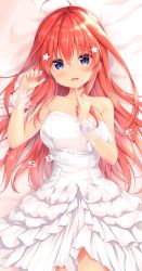 Rule 34 | 1girl, ahoge, amedamacon, bad id, bad twitter id, bare shoulders, bed sheet, blue eyes, blush, breasts, collarbone, commentary request, dress, fingernails, flower, go-toubun no hanayome, hair between eyes, hair ornament, hands up, highres, long hair, lying, medium breasts, nakano itsuki, on back, open mouth, pinky out, red hair, rose, sample watermark, see-through, solo, star (symbol), star hair ornament, strapless, strapless dress, very long hair, watermark, white dress, white flower, white rose