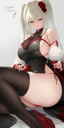 Rule 34 | 1girl, bare shoulders, black thighhighs, breasts, china dress, chinese clothes, cleavage, crotch seam, dress, flower, fur trim, hair flower, hair ornament, high heels, highres, kokuusinsin, large breasts, original, panties, panty straps, pizza kanon, pointy ears, red eyes, red footwear, red panties, side slit, sideboob, smile, solo, thick thighs, thighhighs, thighs, thong, twintails, underwear, white hair