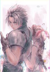 1boy 1girl aerith_gainsborough armor bare_shoulders black_gloves black_hair blue_eyes blush border braid braided_ponytail brown_hair commentary_request couple crisis_core_final_fantasy_vii dress final_fantasy final_fantasy_vii floral_background flower gloves hair_ribbon height_difference highres holding_another&#039;s_arm long_hair looking_at_viewer looking_to_the_side musical_note ninnin5tora outside_border parted_lips pink_ribbon ribbed_sweater ribbon shoulder_armor sleeveless sleeveless_dress sleeveless_turtleneck spiked_hair sweater turtleneck turtleneck_sweater upper_body white_border zack_fair