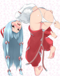 Rule 34 | 1girl, ass, assisted exposure, bad anatomy, bad feet, barefoot, belt, bent over, blush, burusuta, clothes pull, disembodied hand, fujiwara no mokou, full-face blush, full body, hair ribbon, highres, long hair, long sleeves, looking at viewer, open mouth, panties, pants, pants pull, pantsing, panty pull, poorly drawn, puffy sleeves, red eyes, ribbon, shirt, solo, solo focus, touhou, tress ribbon, underwear, white background, white panties