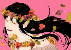Rule 34 | 1girl, ^ ^, bare shoulders, black hair, blunt ends, brown dress, choker, closed eyes, collarbone, commentary, dress, english commentary, eyelashes, eyeshadow, flower, frilled dress, frills, happy, head wreath, lace, lace choker, leaf, long hair, makeup, minoru (pulse20), nostrils, off-shoulder dress, off shoulder, open mouth, original, pansy, petals, pink background, purple flower, red flower, simple background, smile, solo, teeth, triangle, upper body, very long hair, white choker, yellow eyeshadow