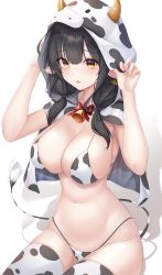 Rule 34 | 1girl, absurdres, animal print, bare arms, bare shoulders, bell, bikini, black hair, bow, breasts, capelet, chinese zodiac, cleavage, commentary request, constricted pupils, cow girl, cow horns, cow print, cow tail, cowboy shot, curled fingers, dot nose, g home, hair between eyes, hands up, highres, hood, hood up, horns, large breasts, low twintails, navel, neck bell, open mouth, original, panties, red bow, shadow, simple background, sitting, solo, string bikini, string bra, string panties, tail, thighhighs, thighs, twintails, underwear, white background, year of the ox, yellow eyes