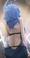 Rule 34 | 1girl, absurdres, ako (blue archive), ako (dress) (blue archive), ass, back, backless dress, backless outfit, blanc (whit blanc), blue archive, blue hair, blue halo, breasts, butt crack, dress, from behind, halo, highres, large breasts, long hair, official alternate costume, sleeveless, sleeveless dress, solo