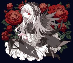 Rule 34 | 1girl, black dress, black footwear, black hairband, black wings, closed mouth, dress, feathered wings, floral background, flower, full body, gothic lolita, grey hair, hairband, high heels, highres, lolita fashion, lolita hairband, long hair, long sleeves, looking at viewer, looking up, meremero, red eyes, red flower, red rose, rose, rozen maiden, shoes, sitting, skirt hold, solo, suigintou, wings