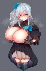 Rule 34 | 1girl, alternate breast size, aqua eyes, black dress, blush, boots, breasts, breasts out, clothes pull, cowboy shot, cross-laced footwear, dress, flower, gloves, hair between eyes, hair flower, hair ornament, highres, huge breasts, kagami uekusa, lace, lace-trimmed gloves, lace trim, looking at viewer, nijisanji, nipples, no bra, pulling own clothes, side ponytail, solo, steaming body, sweat, thigh boots, virtual youtuber, white hair, yukishiro mahiro